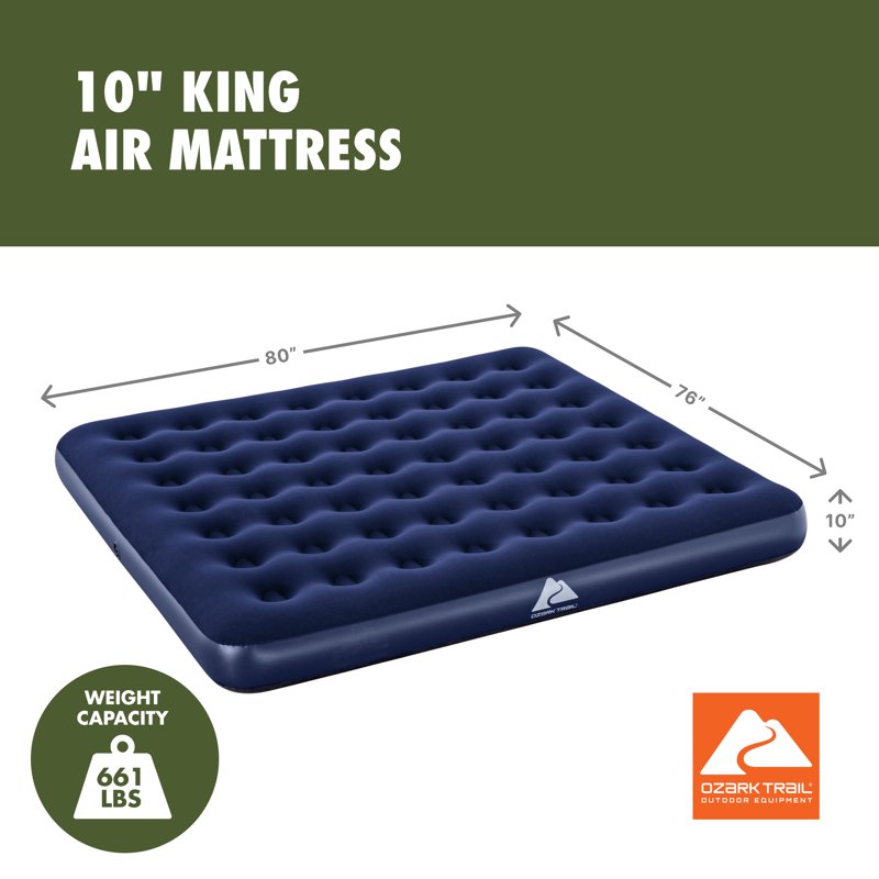 (2 Pack) Ozark Trail King 10-Inch Air Mattress - No Pump, Flocked Top, Portable Camping Bed