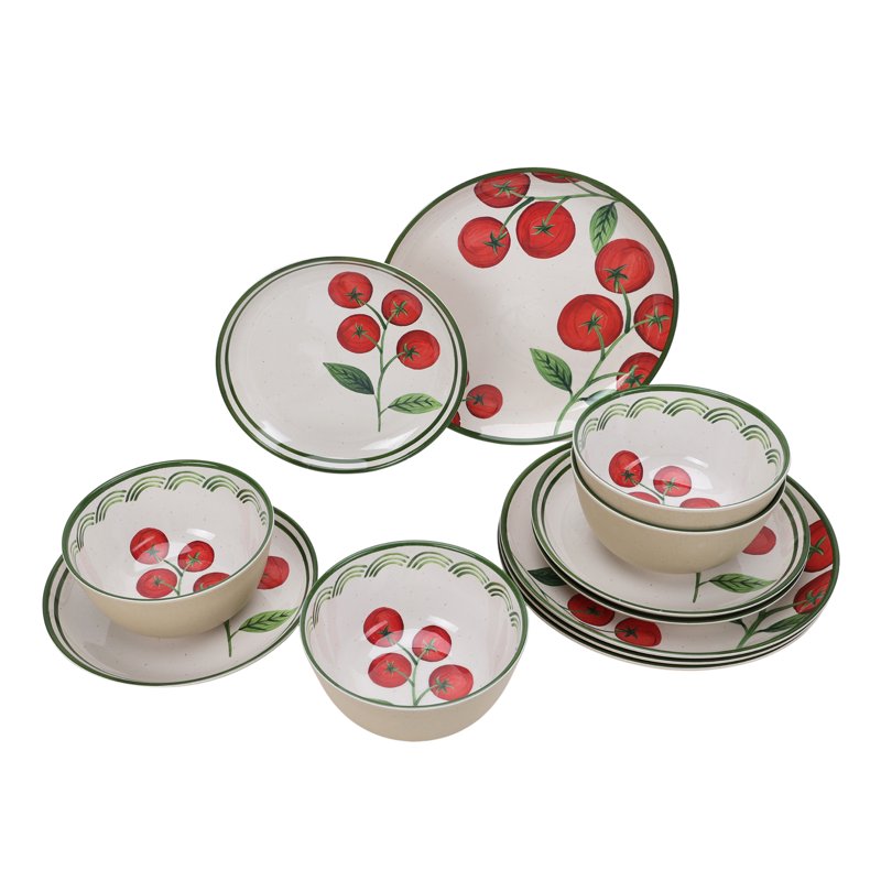 12-Piece Reusable Bamboo Melamine Tableware Set - Tomato Beige