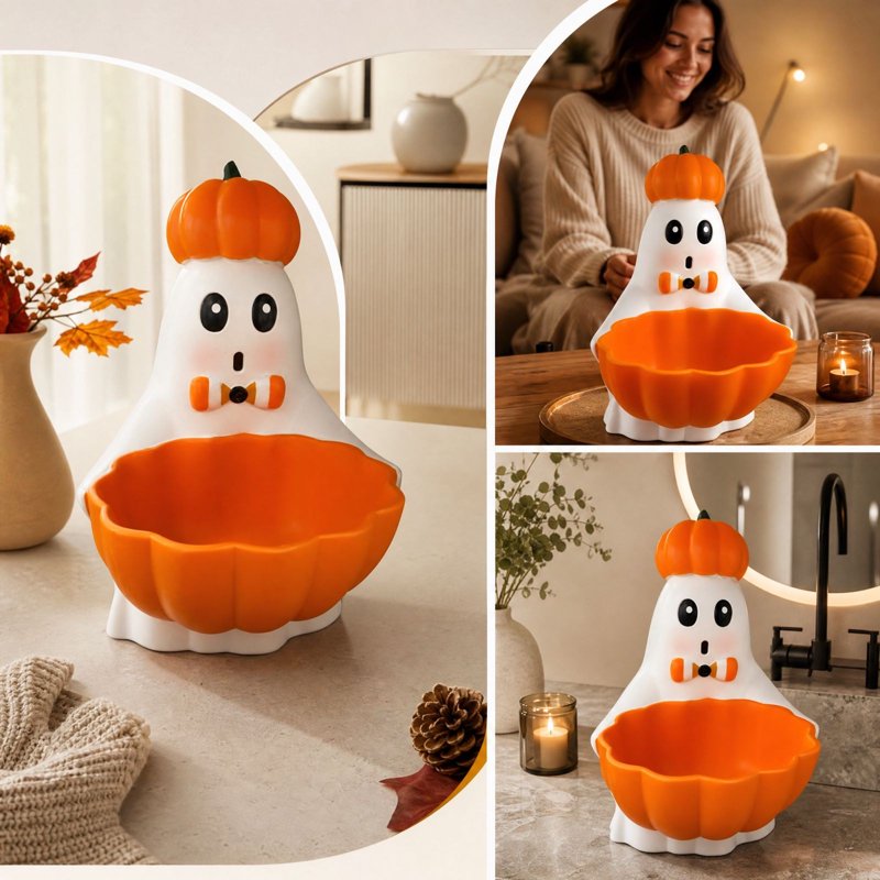 Halloween Ghost Candy Bowl with Pumpkin Hat - 017 Variation - Resin Spooky Party Decor