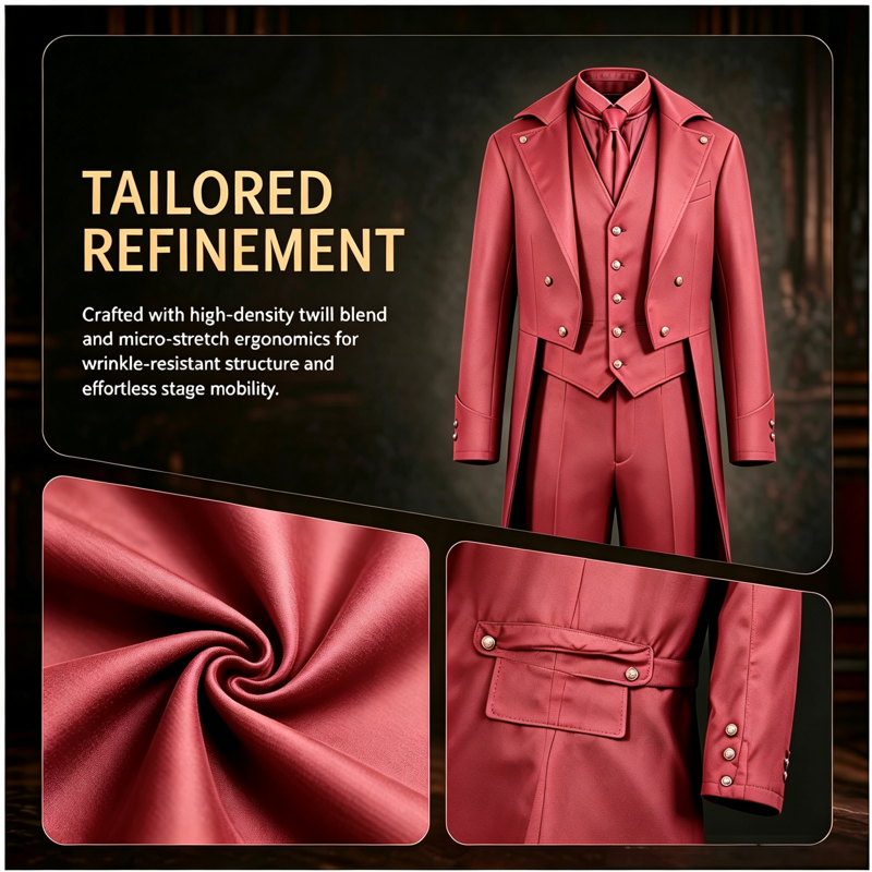 Men's Victorian Tailcoat with Faux Vest Layer - T-Red, Size S