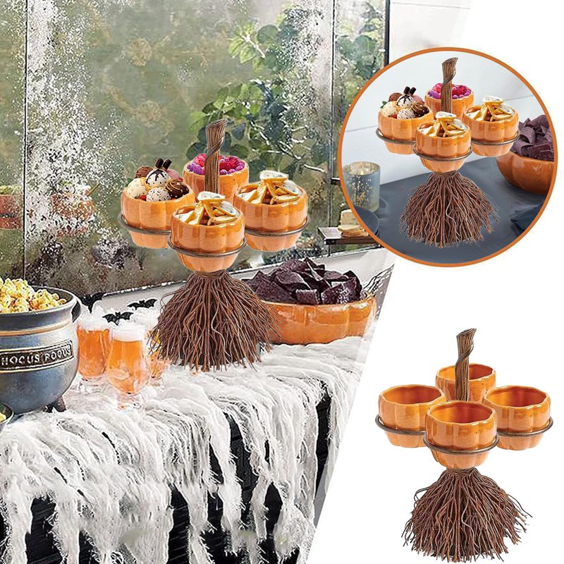 Halloween Candy Bowl Stand with Pumpkin Bowls & Broomstick Base - Variation #003