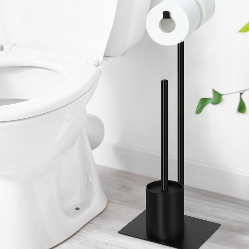 Freestanding Toilet Paper Holder with Toilet Brush - Black Metal Bathroom Accessory - Variation 1