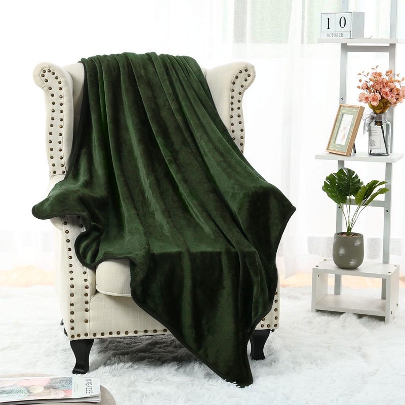 Twin XL Flannel Fleece Blanket - Soft Luxury Hemmed Olive Green
