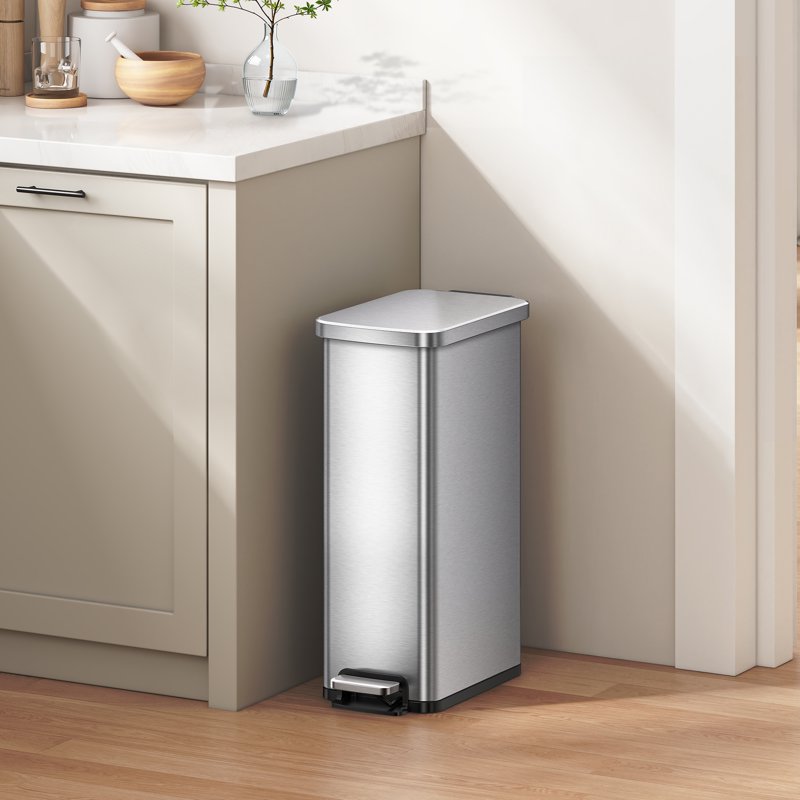 7.9 Gallon Slim Stainless Steel Step Trash Can - Soft-Close Lid