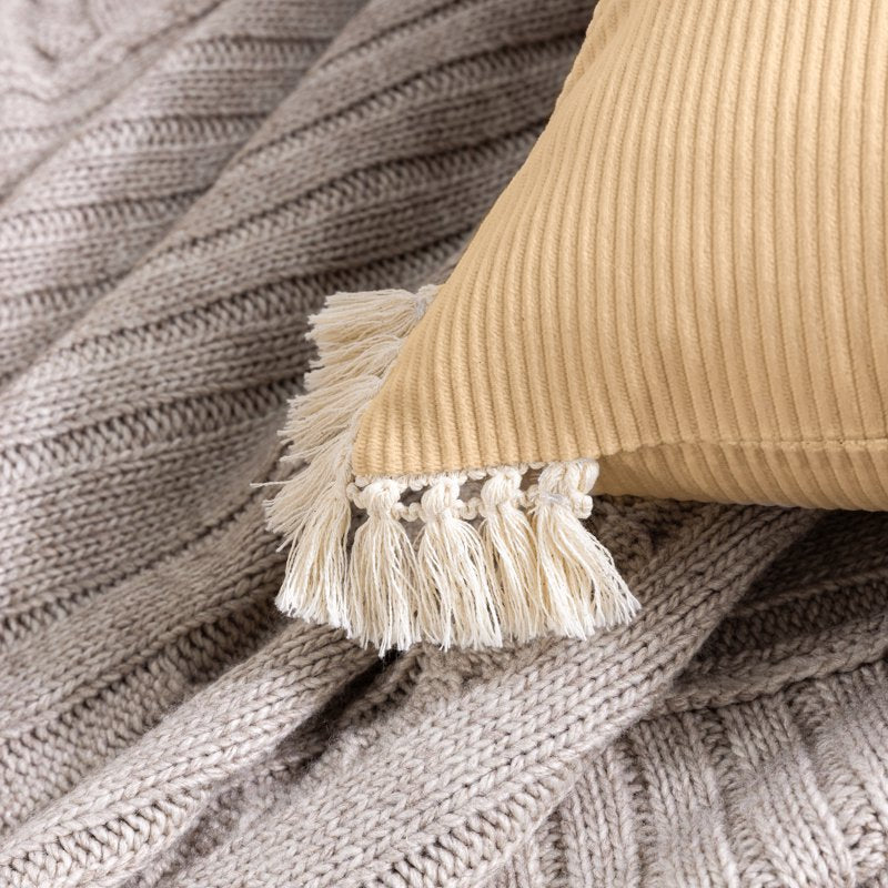 Beige 12x20 Corduroy Velvet Throw Pillow Set with Cotton Tassels - 2 Pack