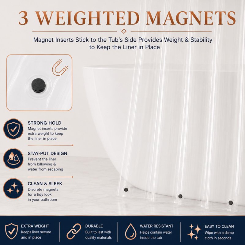 White Heavyweight PEVA Shower Curtain Liner with Magnets - 70x72 Inches