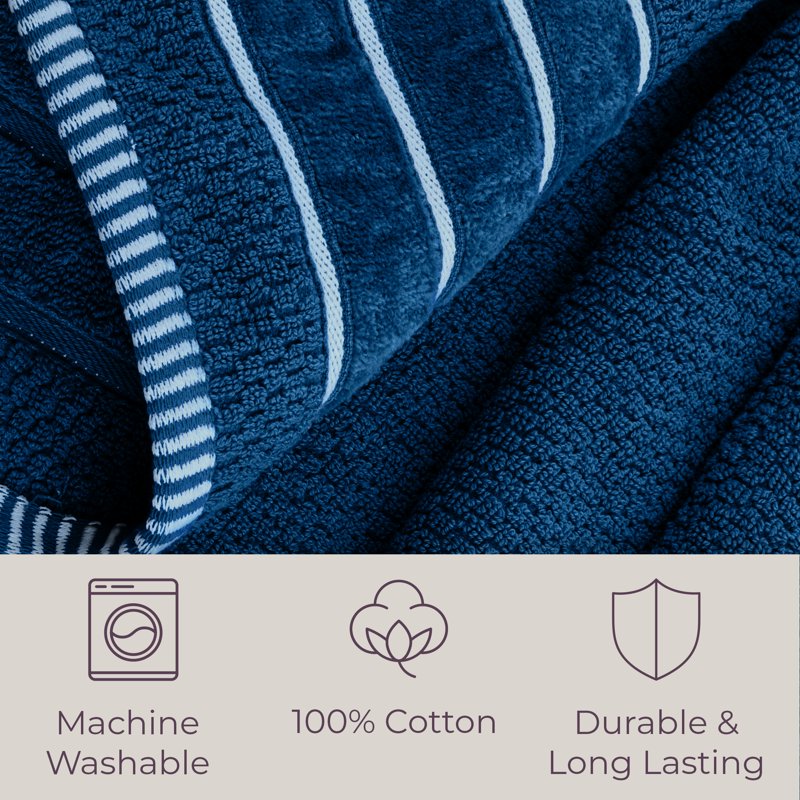 Luxury 6-Piece Cotton Bath Towel Set with Rice Weave - Navy
