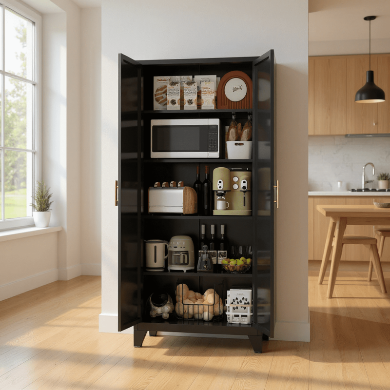 70.8" Black Tall Kitchen Storage Cabinet with 4 Adjustable Shelves