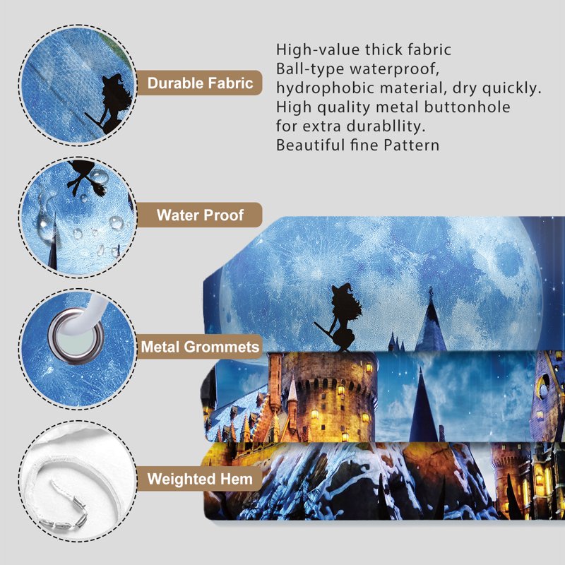 Magical Castle Halloween Shower Curtain Waterproof Bathroom Decor - 72x72 - Blue & Gold - With Flying Witch & Full Moon