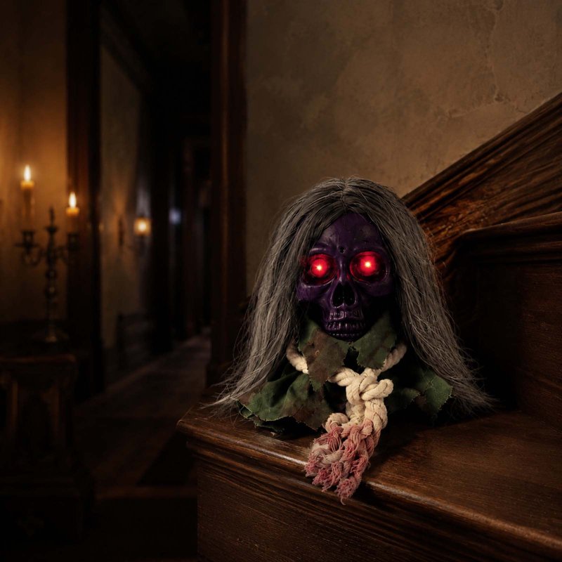 Halloween Moving Skull Head Prop with Long Hair, Creepy Skeleton Decor, Purple Variation