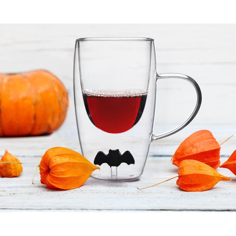 Coffee Glass Mug with Bat Charm - Double Wall Borosilicate