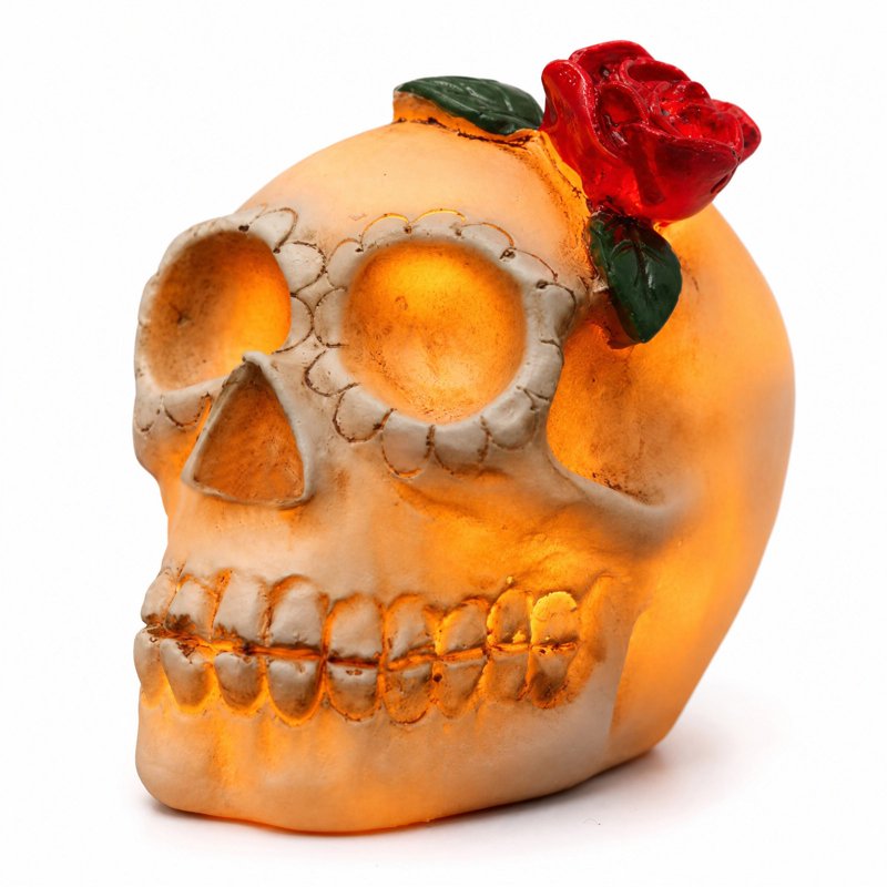 Halloween Skull Rose Lamp - Gothic Resin Nightlight with Warm Candle Glow - Variation #359B