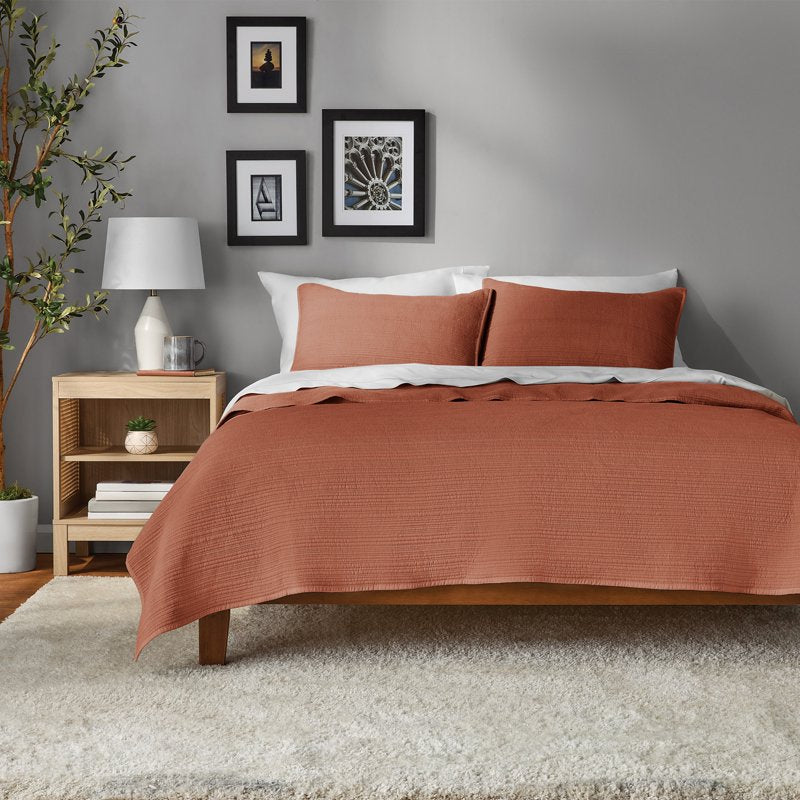Full/Queen Garment Washed Stripe Quilt - Terracotta Orange Microfiber