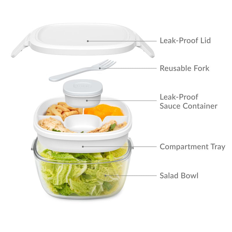 Leak-Proof Salad Container - 61-oz Glass Bowl with Fork - White