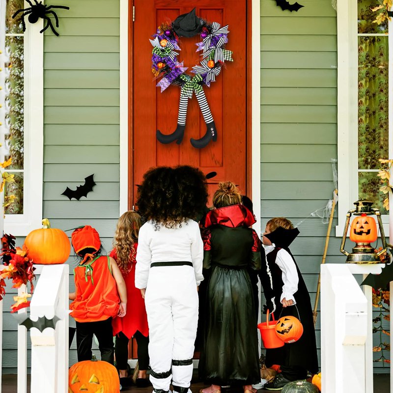 Halloween Wreath 24 Inch Front Door Decor with Witch Hat, Legs & Pumpkin