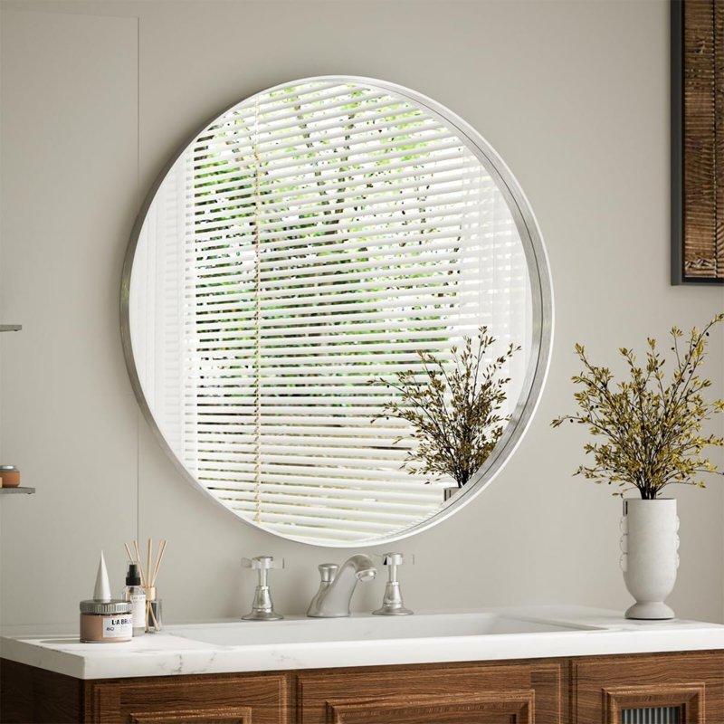 24-Inch Rounded Bathroom Wall Mirror with Deep Frame - Silver, Variation of THIS listing