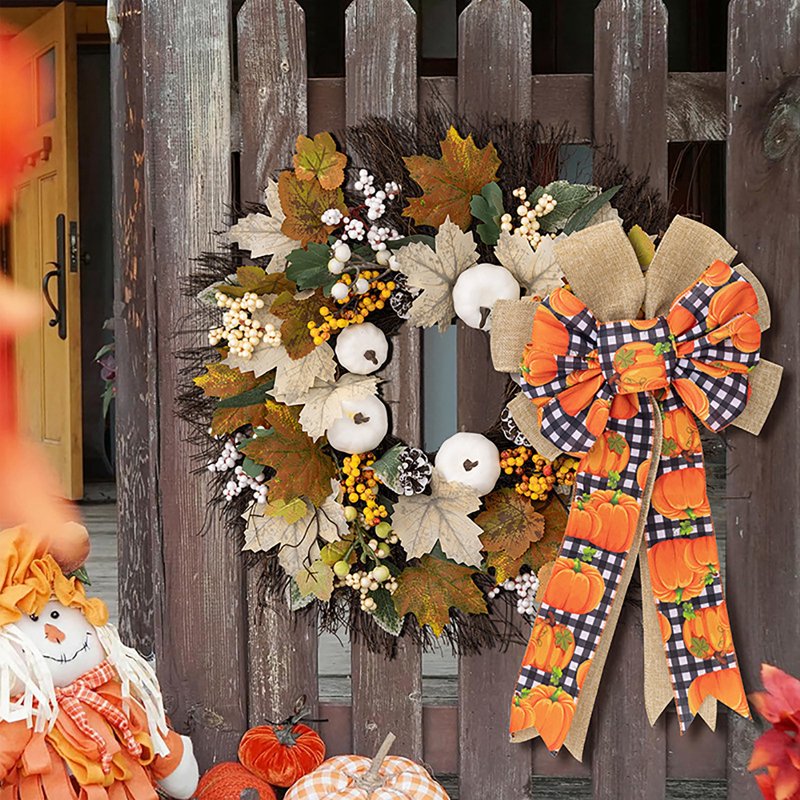 Thanksgiving Fall Bow for Wreaths & Decorations - Pumpkin & Orange Buffalo Plaid - Variation #03
