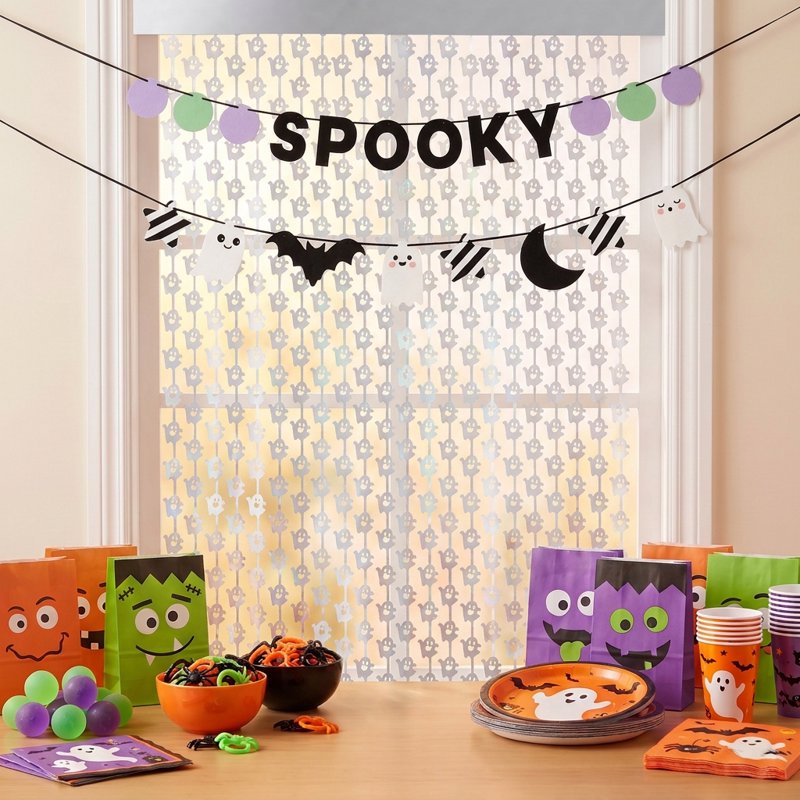 Halloween Door Decoration Set with Fringe Curtain and Spooky Banner - Silver and Black