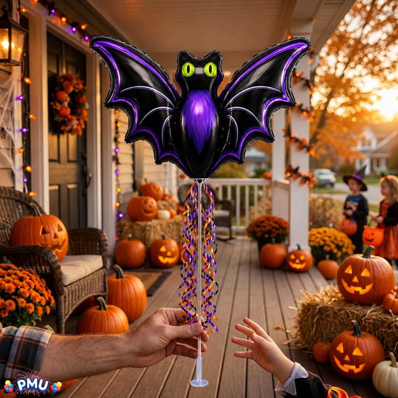 PMU Halloween Pre-Inflated Bat Balloons - 9 Inch Air-Filled, 3 Pack with Cups & Sticks - Night Bat Variation