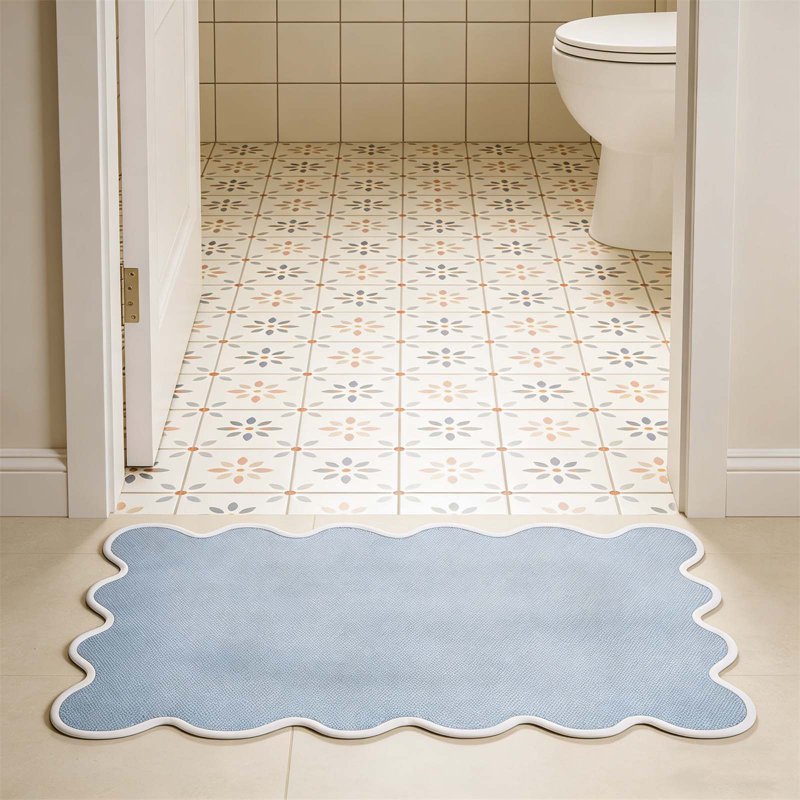 16.7 x 31.5 Inch Blue Scalloped Edge Doormat with Water Absorption and Non-Slip Backing - Indoor Entryway Rug