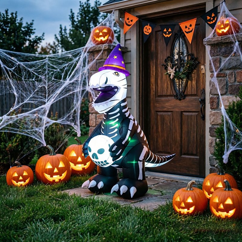 Outdoor Inflatable Dinosaur Halloween Decoration with Stakes - Creepy Yard Decor