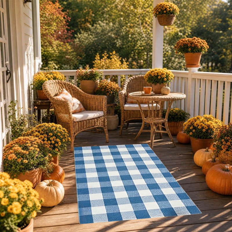 Large Thanksgiving Plaid Doormat - Blue Layered Entry Rug, Washable 19.6x31.5in
