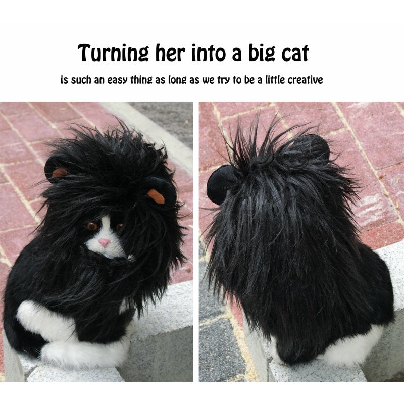 Lion Mane Wig for Cats - Black, Size S, Realistic Pet Costume for Halloween & Christmas