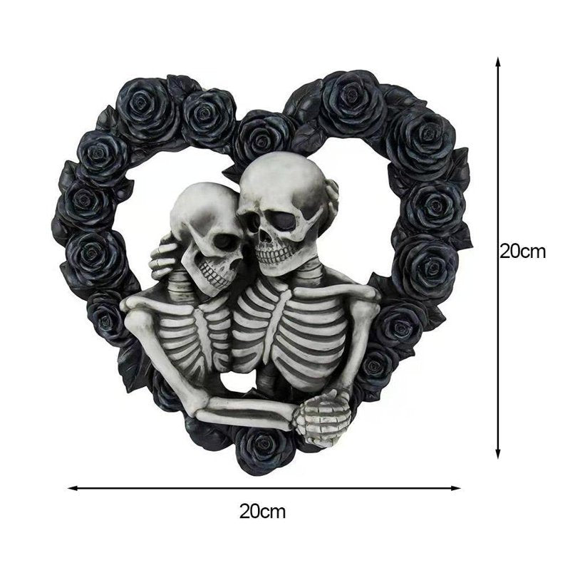 Halloween Skeleton Heart Wreath with Gothic Roses and Lovers Hugging Decor
