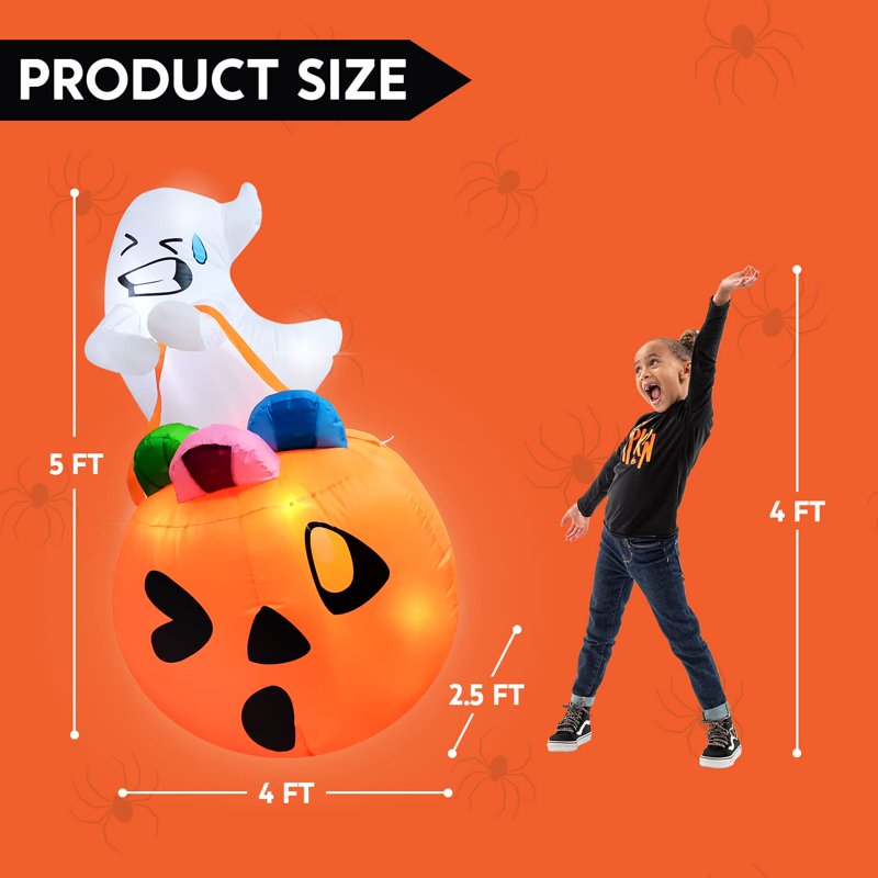Joyfy 5ft Halloween Inflatable Ghost with Pumpkin & LED Lights - Yard Decor, Ghost Lift Pumpkin
