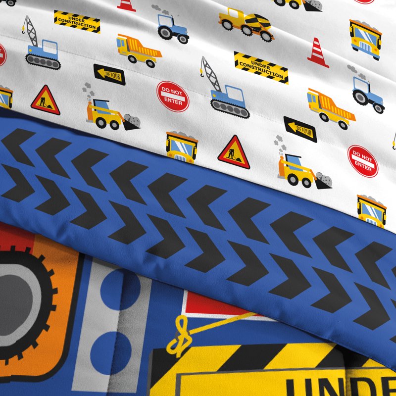 Full Child Under Construction Comforter Set with Truck Design - Microfiber, Blue & Multi