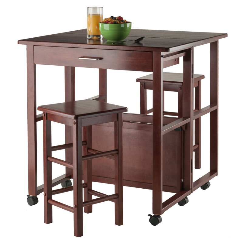 Solid Wood Drop Leaf Dining Table Set with Stools in Walnut - Space Saver