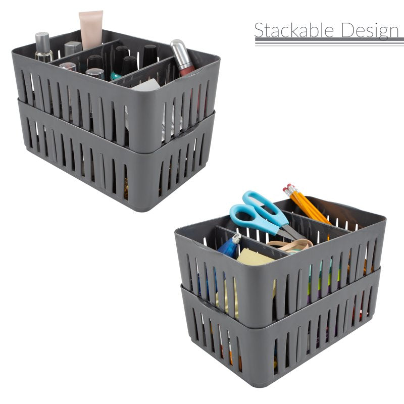Stackable Plastic Storage Basket with Adjustable Dividers - Grey