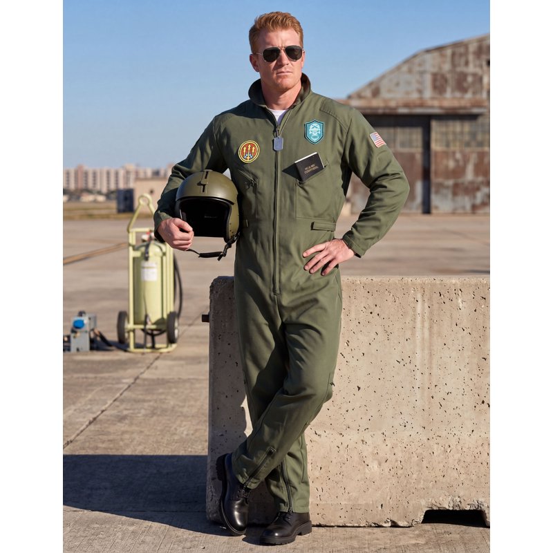 Adult Flight Pilot Costume M - Green Jumpsuit Military Aviator Uniform for Men Halloween
