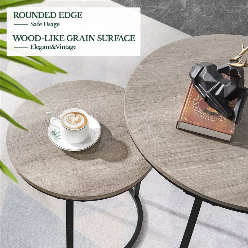 Round Rustic Nesting Coffee Table Set with Matte Black Frame