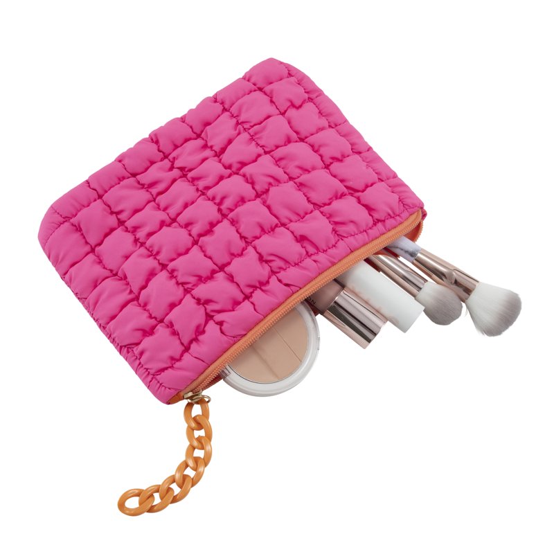 Quilted Puffy Cosmetic Pouch, Bright Pink Nylon Makeup Bag, 9-Inch