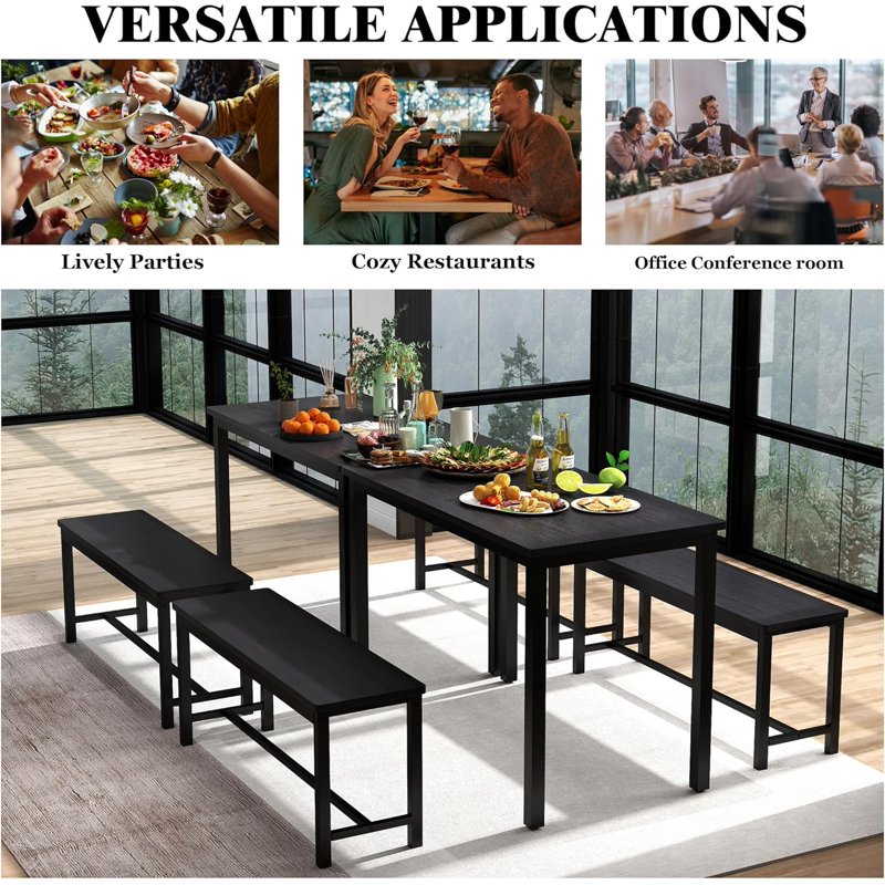 4-Person Dining Table Set with 2 Benches - Black