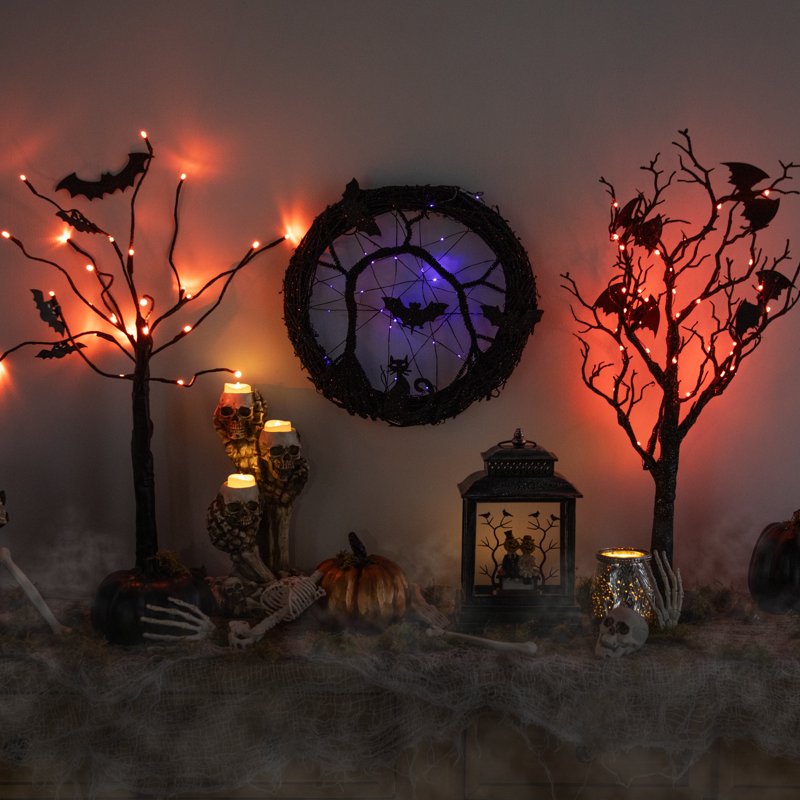 LED Halloween Wreath with Bats and Purple Lights - 13 Inch Black Twig Decor