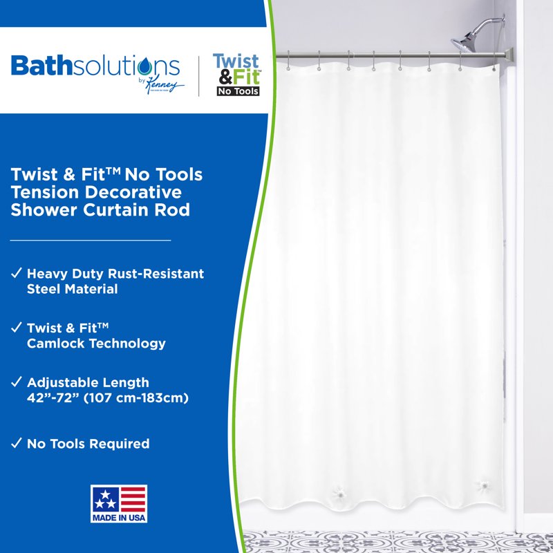 Kenney Twist & Fit No Tools Decorative Shower Curtain Tension Rod - Pewter, Rust-Resistant Steel, 42-72"