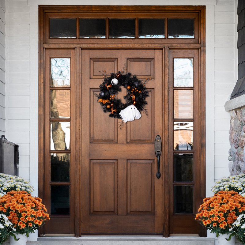 Halloween Twig Pine Wreath with Ghost & Ornaments - 24 Inch Unlit
