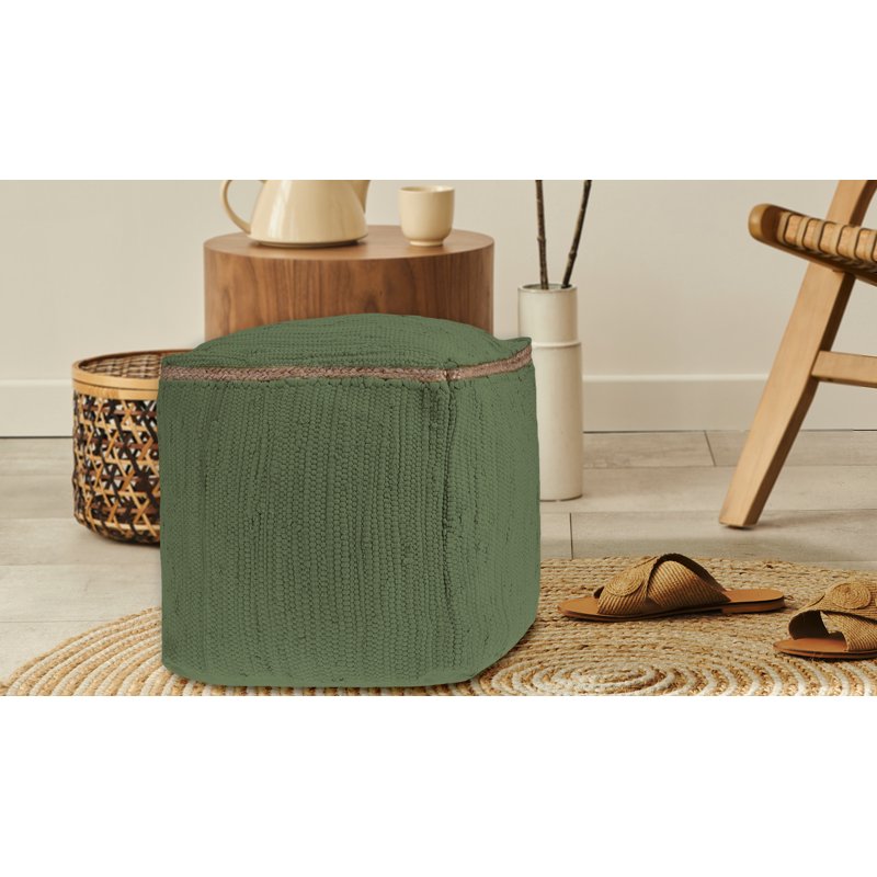 Green Square Braided Cotton and Jute Pouf Ottoman 18 Inch