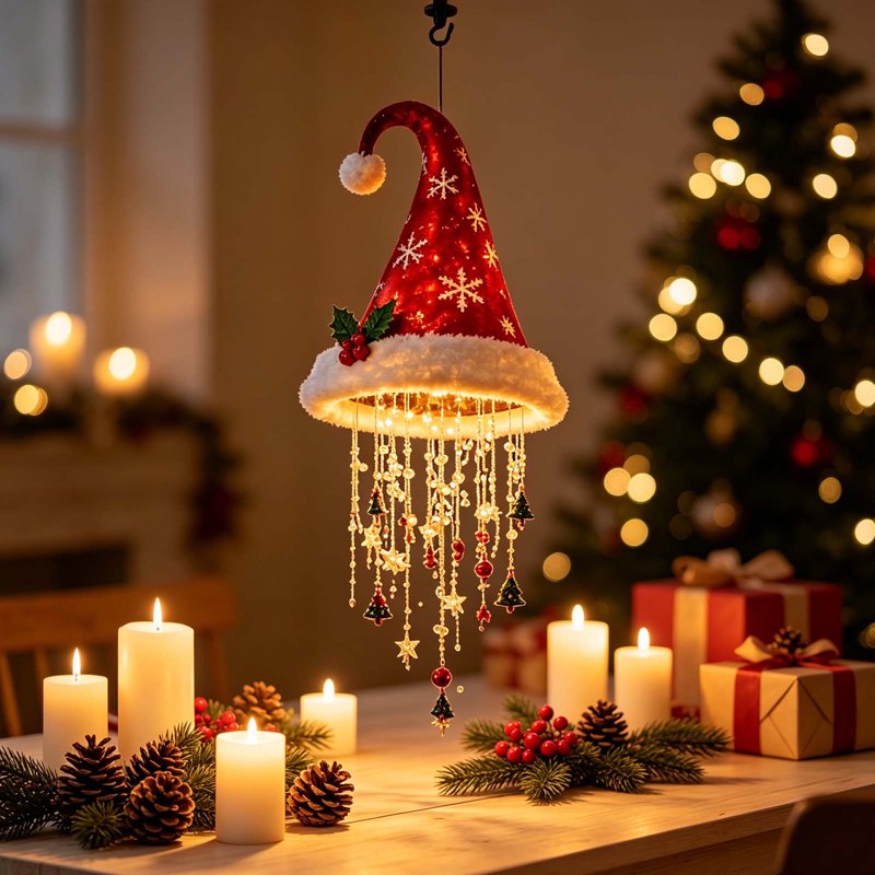 Hanging Lighted Christmas Santa Hat Decoration with Snowflake - LED Holiday Ceiling & Window Decor - Variation #23 Snowflake