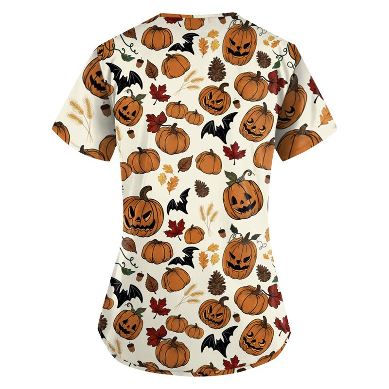 Beige Women's Halloween Pumpkin-Headed Bat Print Scrub Top - M Variation