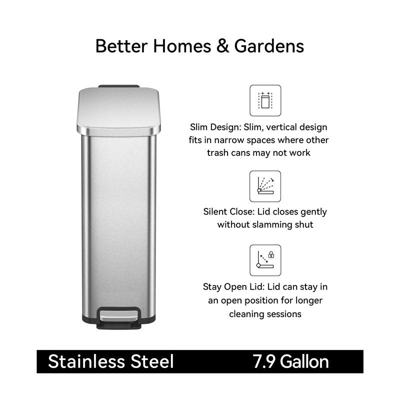 7.9 Gallon Slim Stainless Steel Step Trash Can - Soft-Close Lid
