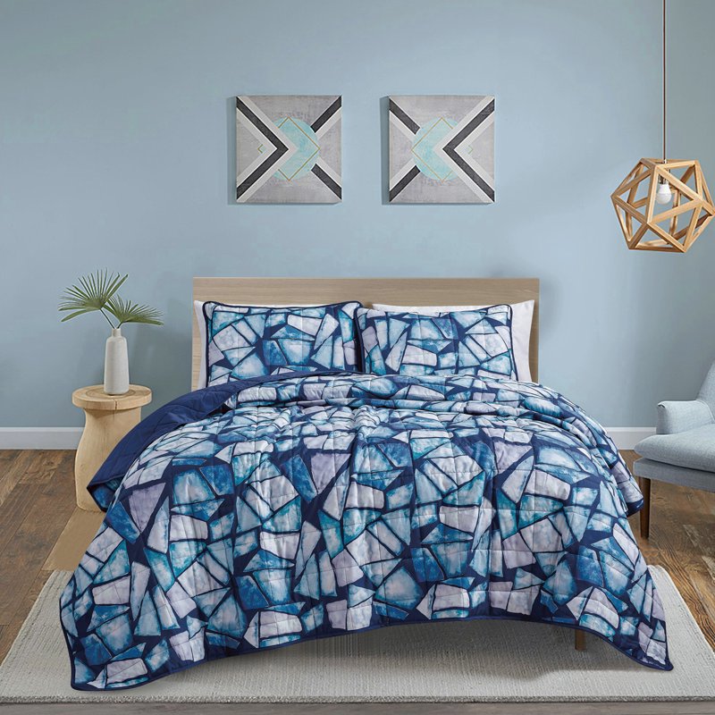 Queen Reversible Bedspread Set Blue Geometric Mosaic Bedding Coverlet - 3 Pieces