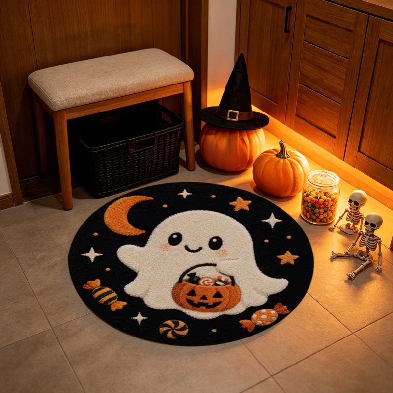 Halloween Ghost Doormat 23.62in Diameter Non-Slip Water-Absorbing Indoor Welcome Mat - Black