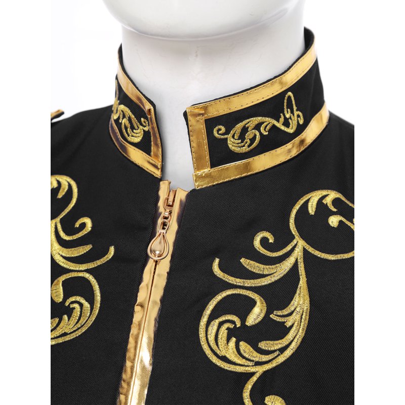 Men's Medieval Royal Prince Costume Coat - Victorian Gold Embroidered Black XXL