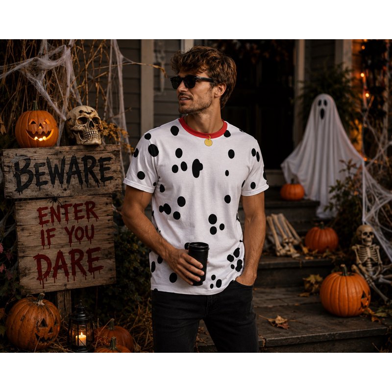 Multicoloured Dalmatian Costume T-Shirt for Men - Red Collar, All Over Print, Size M