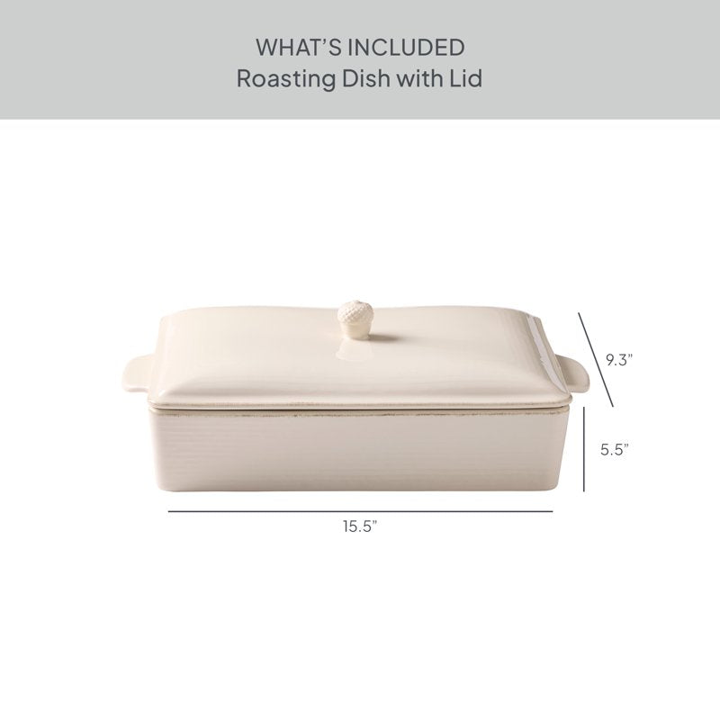 Cream Stoneware Roasting Pan with Lid - 15.5 x 9.3 Inches