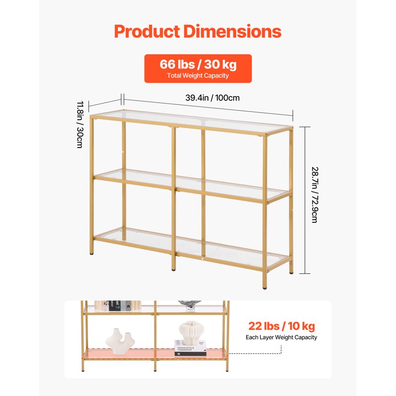 Modern 3-Tier Glass Console Table with Iron Frame - Gold Finish