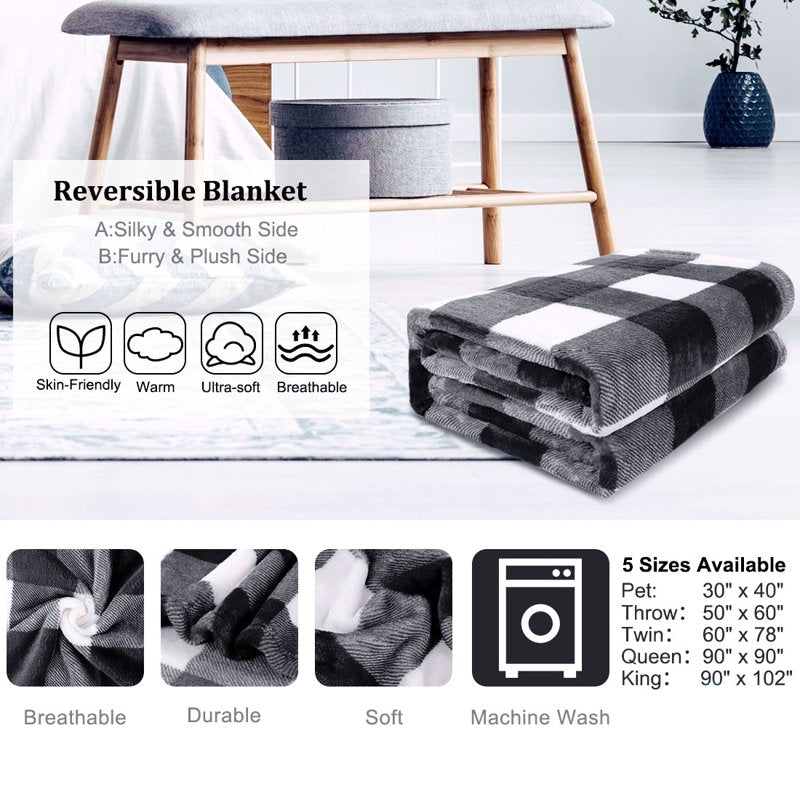Plaid Soft Plush Fleece Blanket - 60 x 78 Inches, Black & White